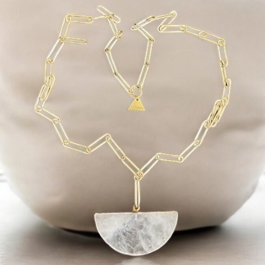 Serefina Gold Tone Quartz Pendant Necklace Paper Clip Chain Half Moon